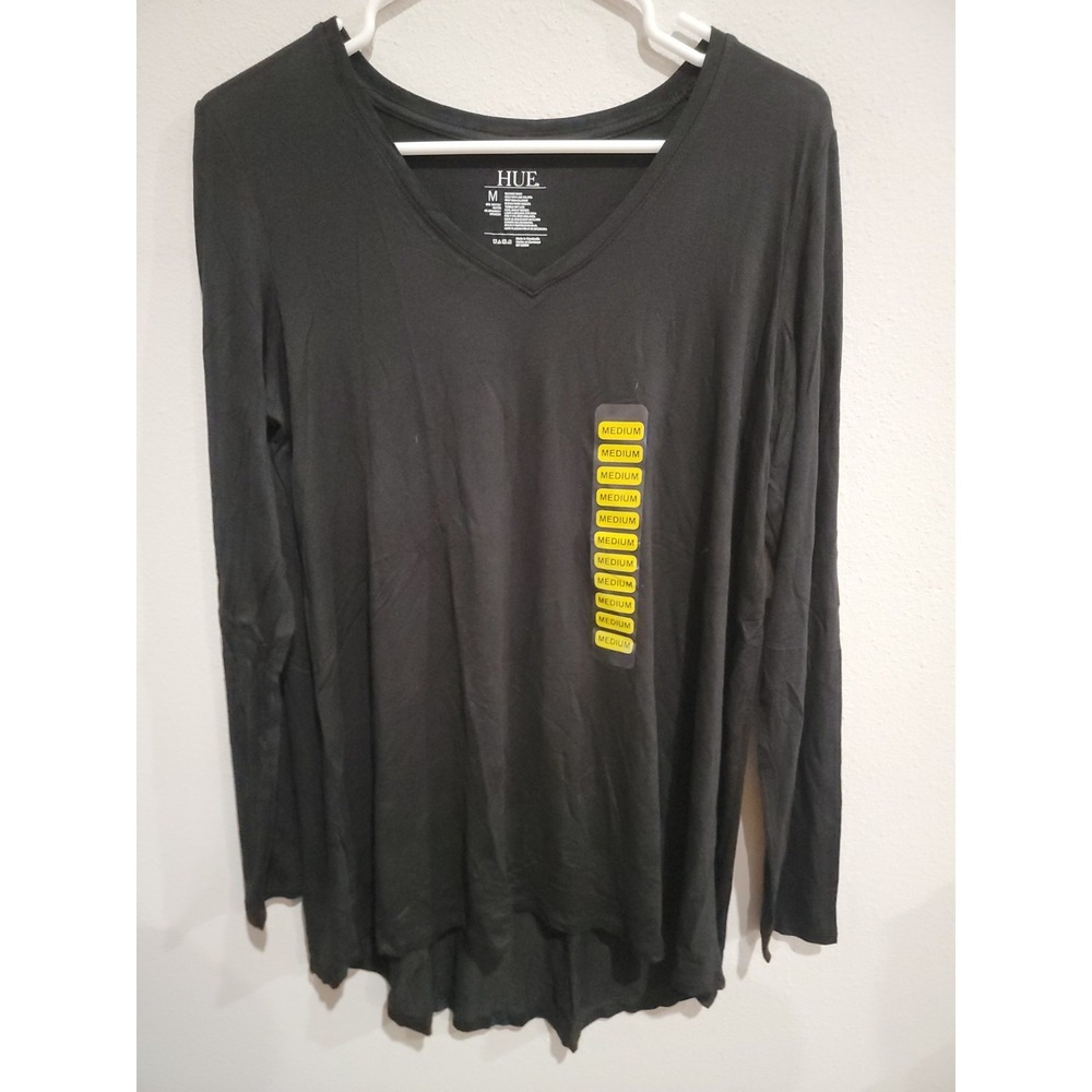 HUE Women's Long Sleeve Black V-Neck Top Size M Stretch Legging Tee Shirt NWT